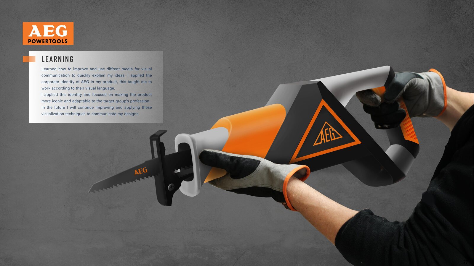 AEG reciprocating saw, final render, gloved hand, orange and black corporate identity