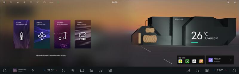 Rotary Cards UI with four cards, temperature, air, sound, drive mode