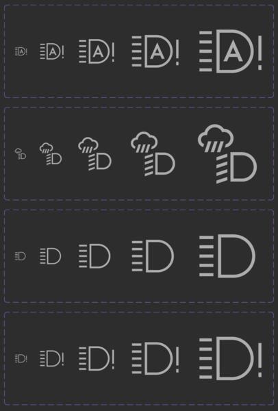 Brand Icons, headlight glyphs at five progressive sizes for the DIM cluster