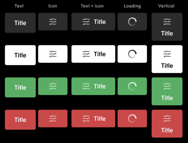 Button library matrix, text and icon variants across dark, light, green and red states
