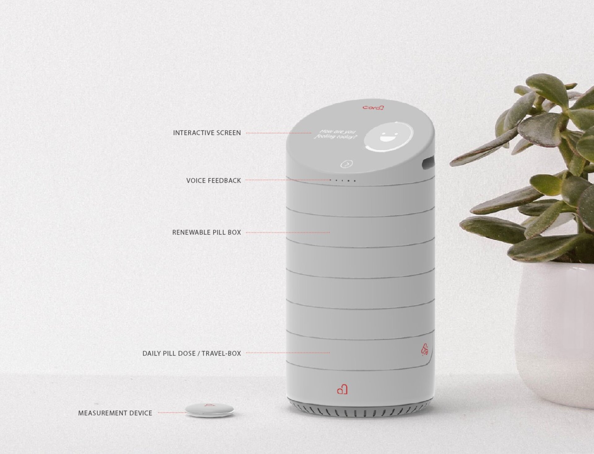 Cora heart failure home monitoring device – interactive screen, voice feedback, renewable pill box, measurement device