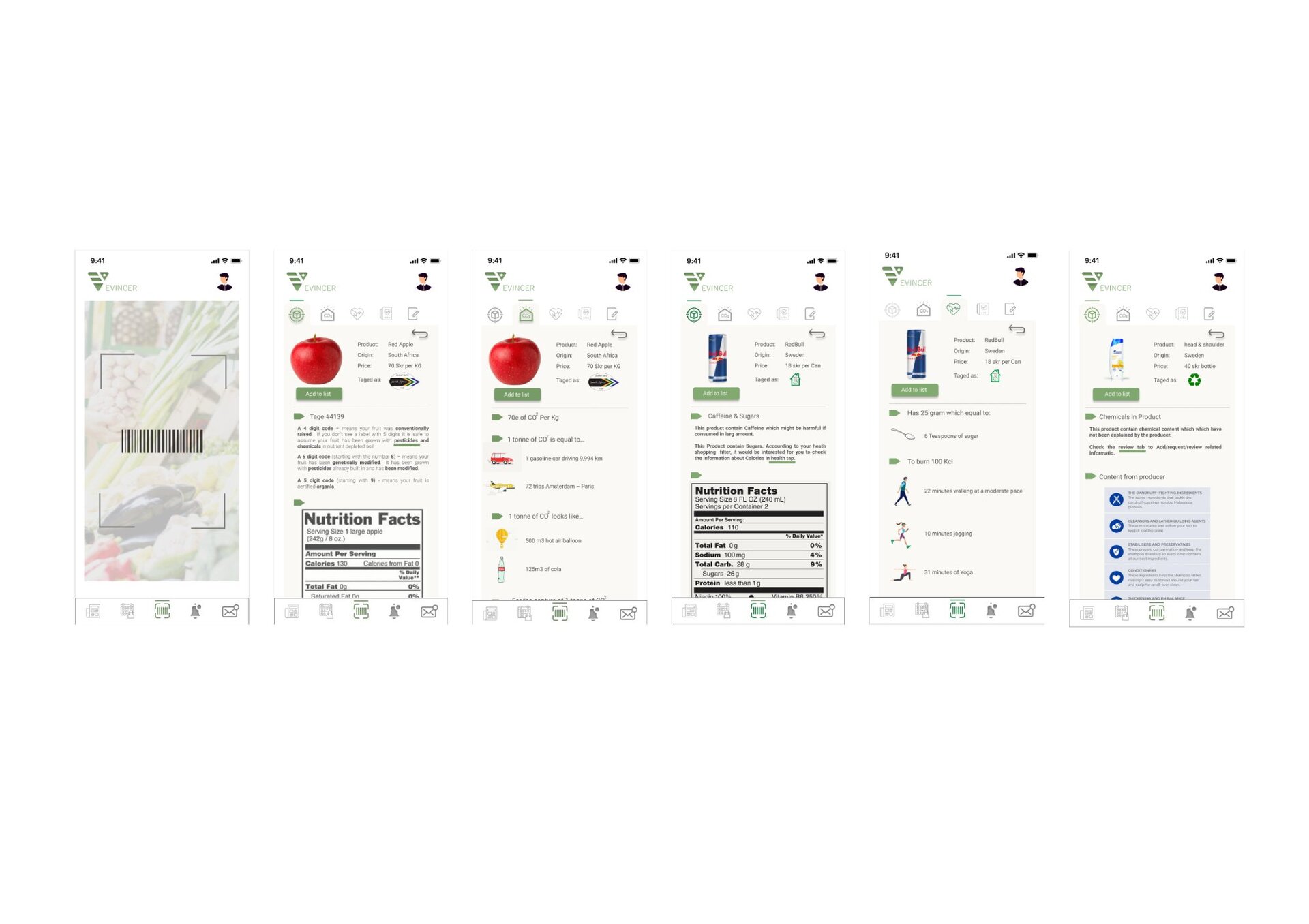 Evincer app screens – product scanning, tags, CO2 data, caffeine info, sugar content, and chemical transparency
