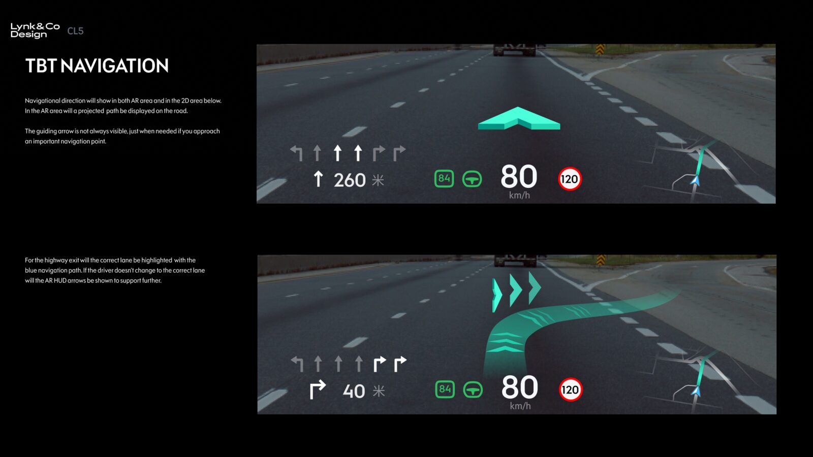 Lynk 08 HUD turn-by-turn navigation, AR arrows on the road ahead with speed and lane info