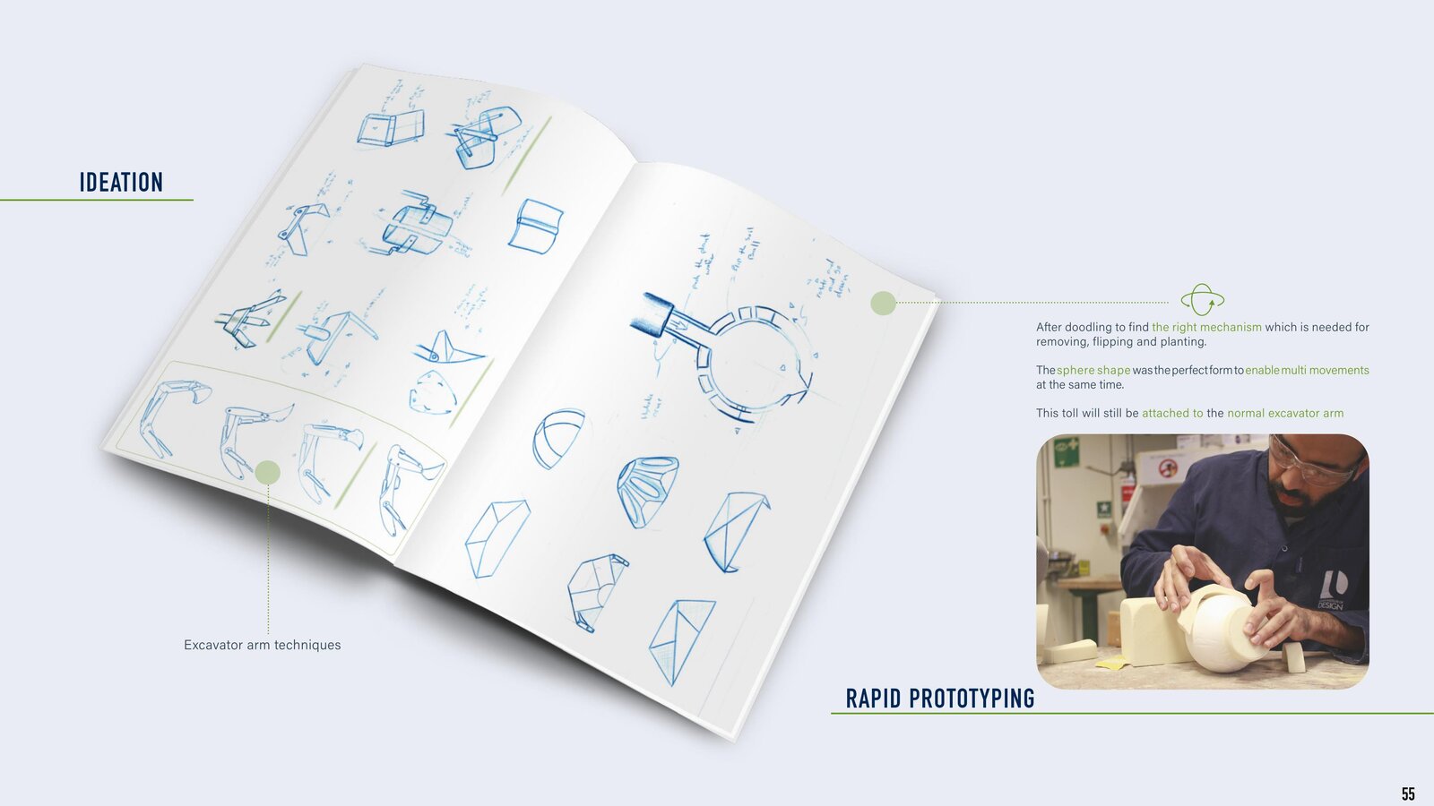 Ideation sketches of the excavator arm and the sphere-shaped planting head, with foam prototyping
