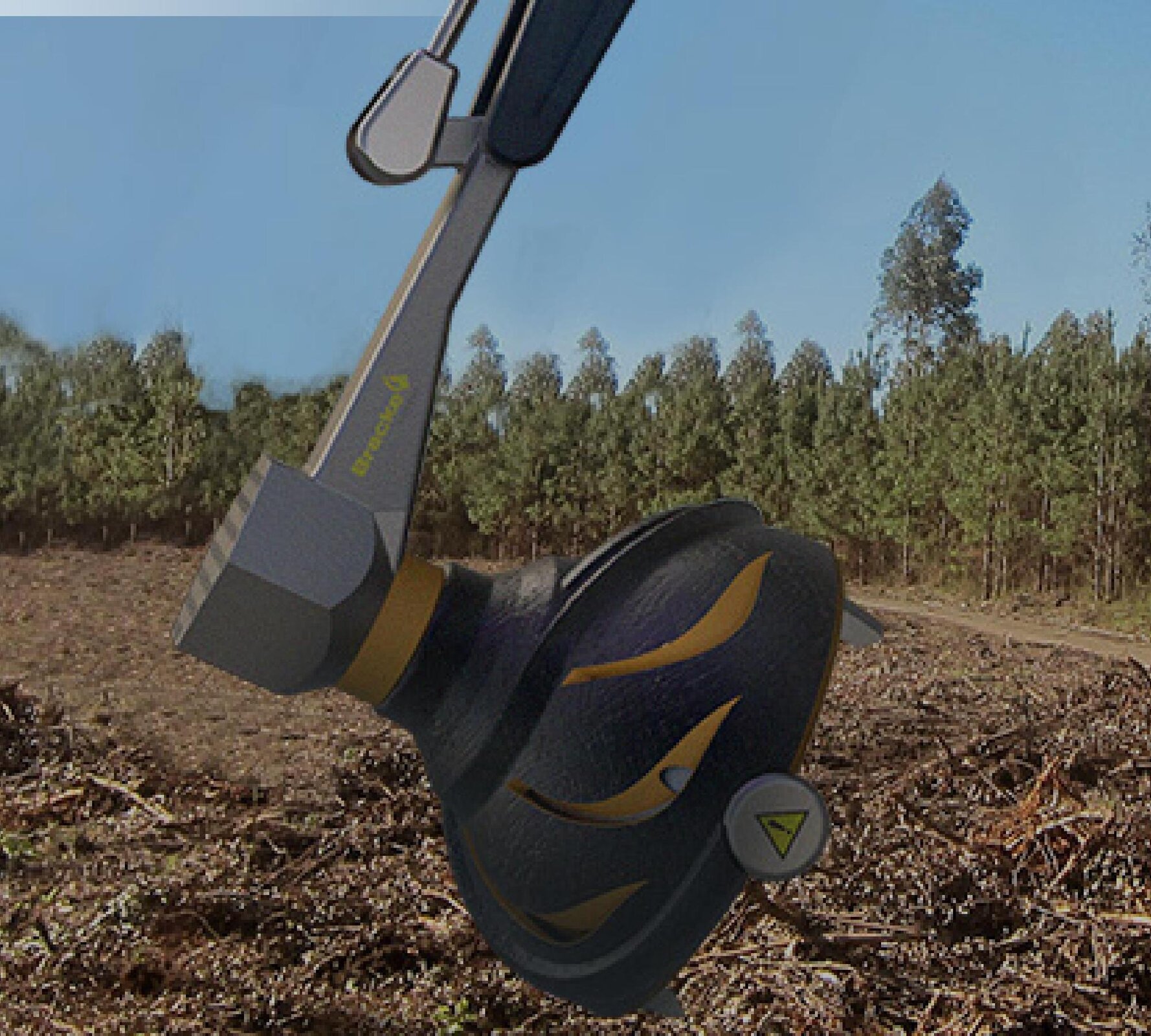 Elsewhere, design across fields. PISTIL forestry replanting tool hanging from a Bracke excavator arm over a cleared Swedish forest floor